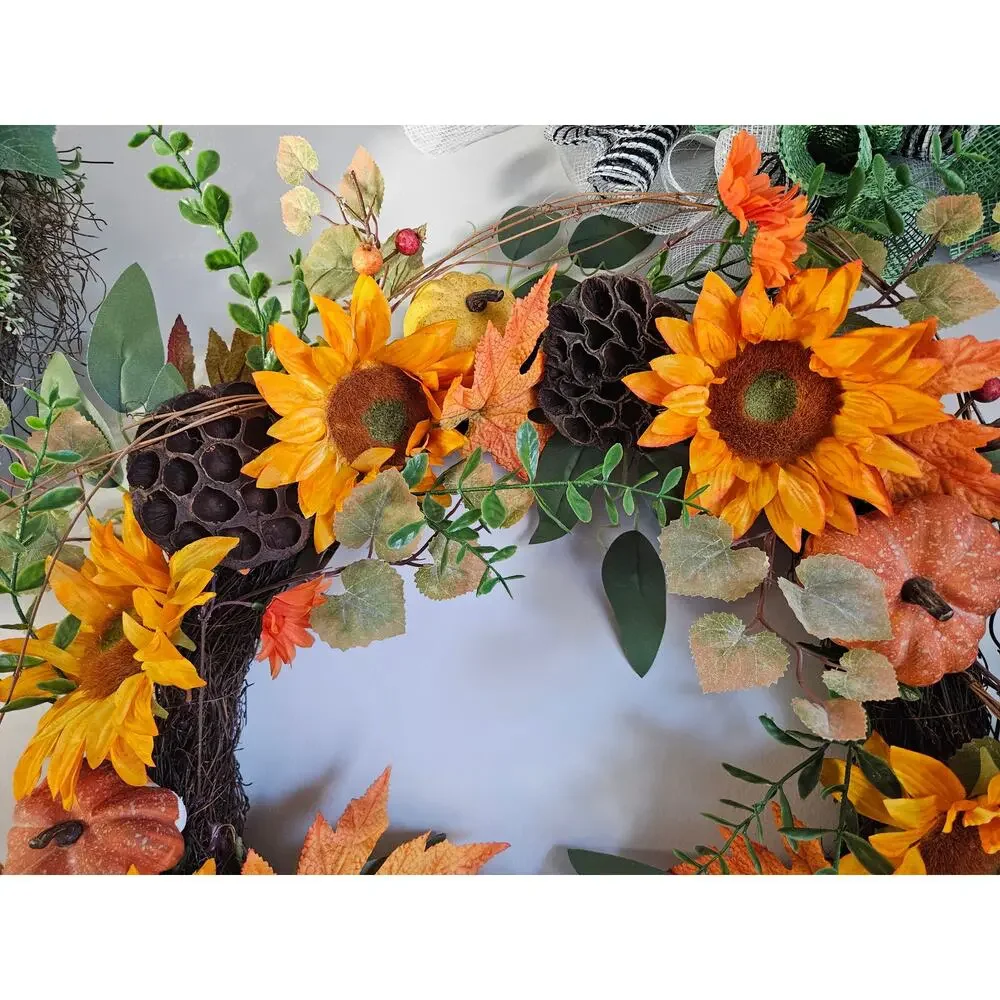 Sunflower Wreath Pumpkins Dried Gourds Twig Base Fall Handmade 30x6